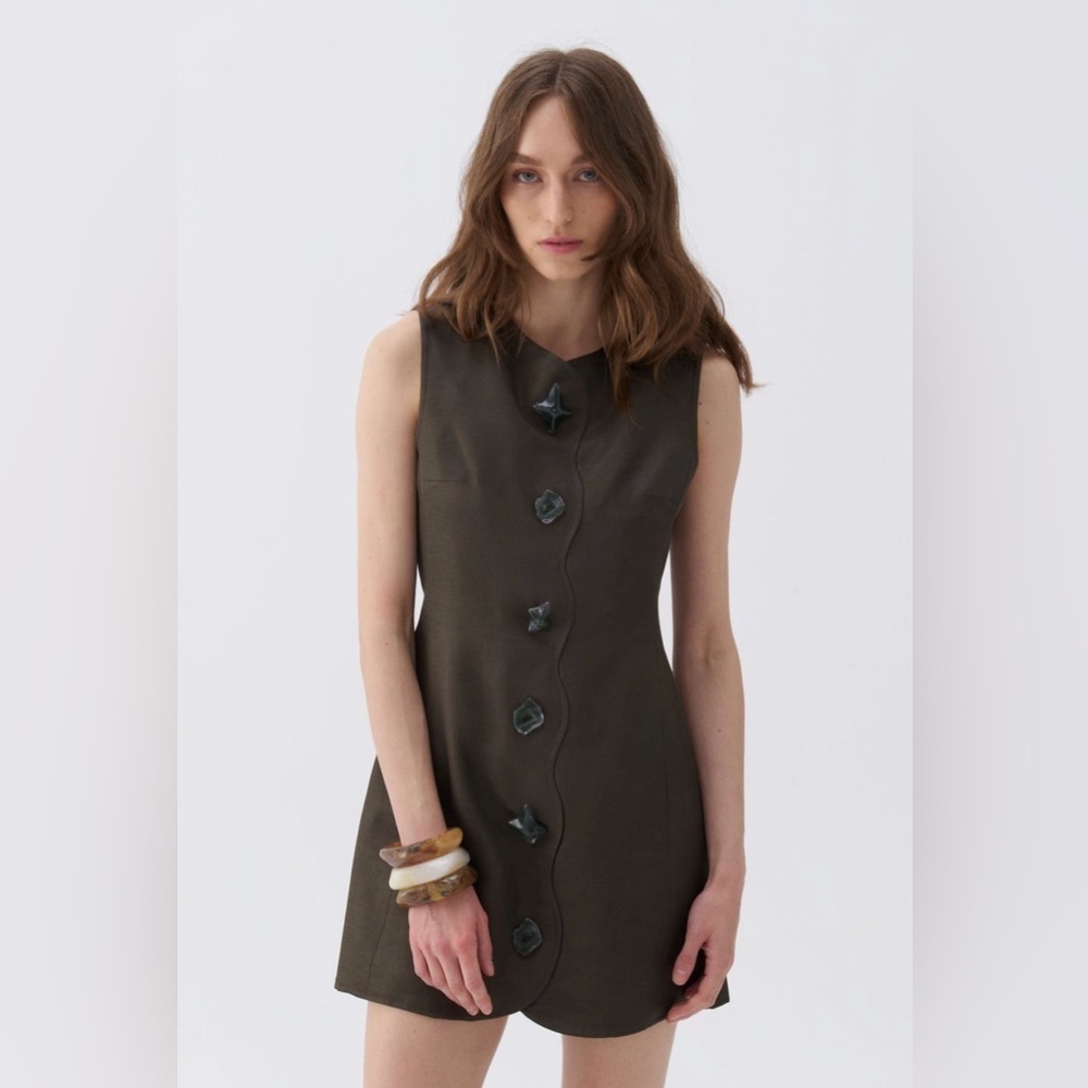 NWT Nocturne Seashell Linen Mini Dress Villa Cocktail Preppy Khaki Green Sz 38/8